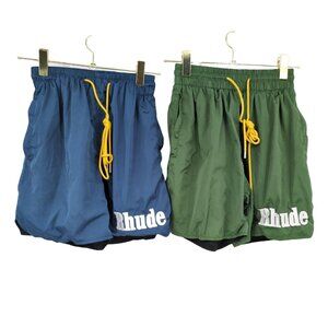 Set of 2 Rhude Mesh Lined Nylon Swim Shorts Blue & Green Logo Drawstring Size M